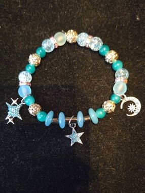 Turquoise Crystal Star & Moon Charm Stretch Bracelet